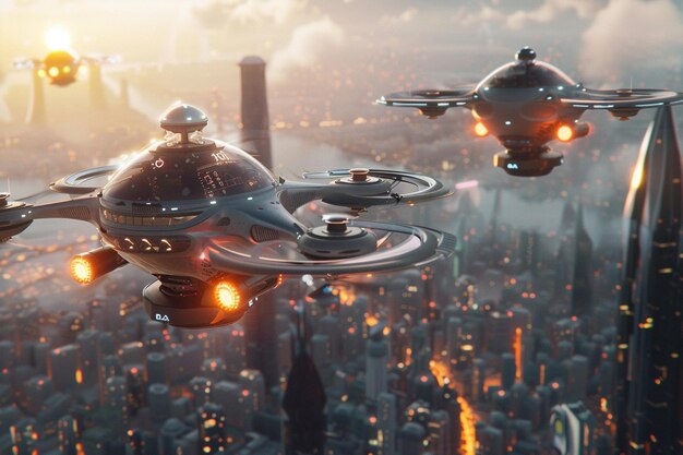 zdjęcie miasta z latającym statkiem kosmicznym i miastem na tle