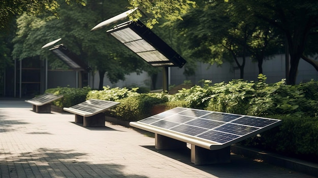 Zdjęcie miejskiego parku z ławkami słonecznymi do ładowania urządzeń