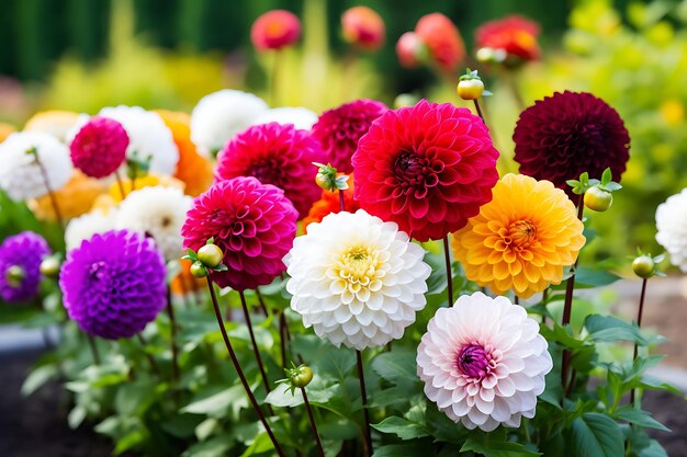 Zdjęcie mieszanki kolorowych dahlii w kwiatowym łóżku Flower Garden