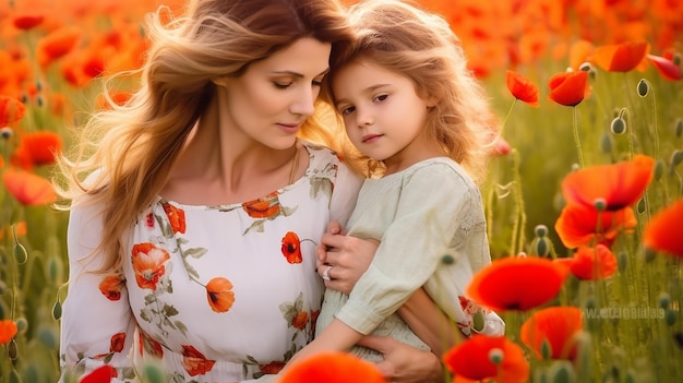 Zdjęcie miłości matki i córki w pięknym krajobrazie natury kwiatu maku