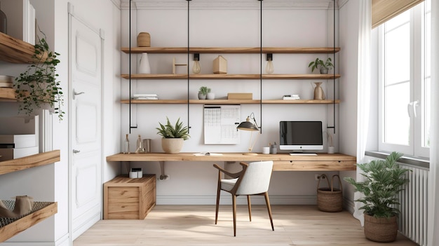 Zdjęcie minimalistycznego biura domowego z akcentami naturalnego drewna