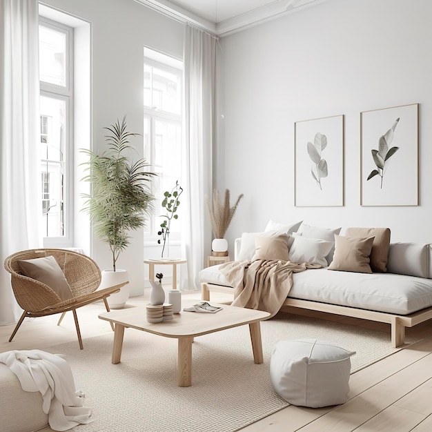 Zdjęcie minimalistycznego salonu w stylu skandynawskim z neutralnymi tonami