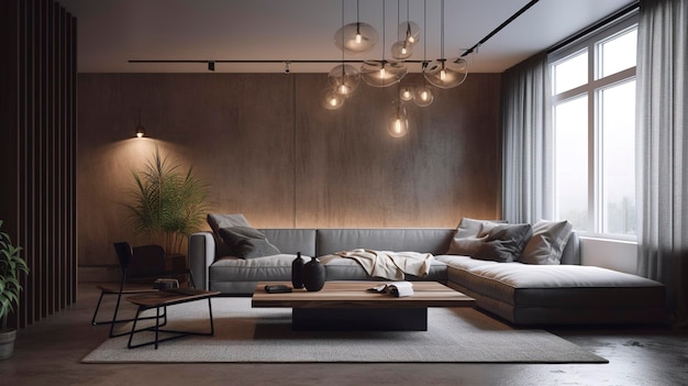 Zdjęcie minimalistycznego salonu z efektownym oświetleniem