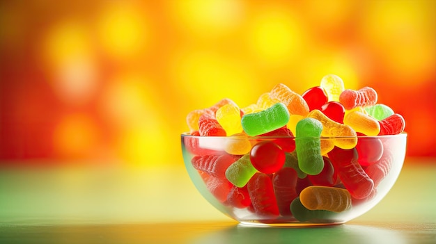 Zdjęcie miski gumowych cukierków na kolorowym tle