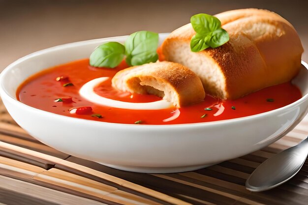 Zdjęcie zdjęcie miski zupy pomidorowej z rolką na boku
