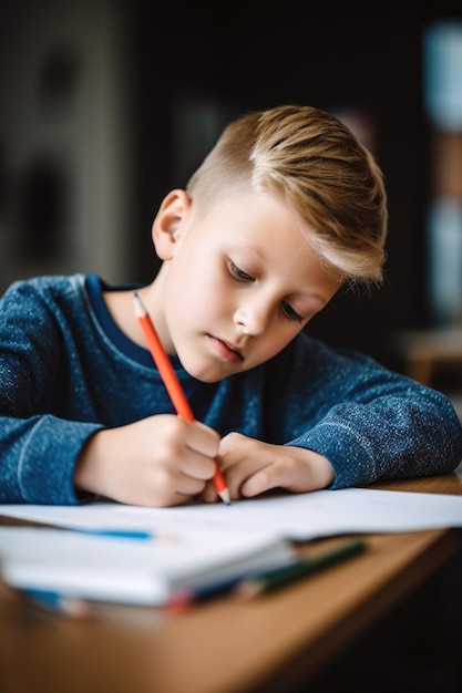 Zdjęcie młodego chłopca robiącego zadanie domowe w szkole stworzone za pomocą sztucznej inteligencji.