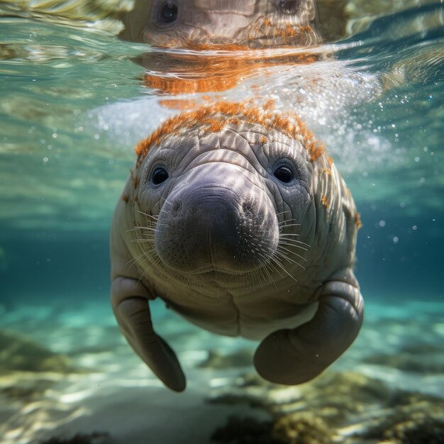 Zdjęcie zdjęcie młodego cielęcia manatee łagodnie ślizgającego się pod wodą generatywna sztuczna inteligencja