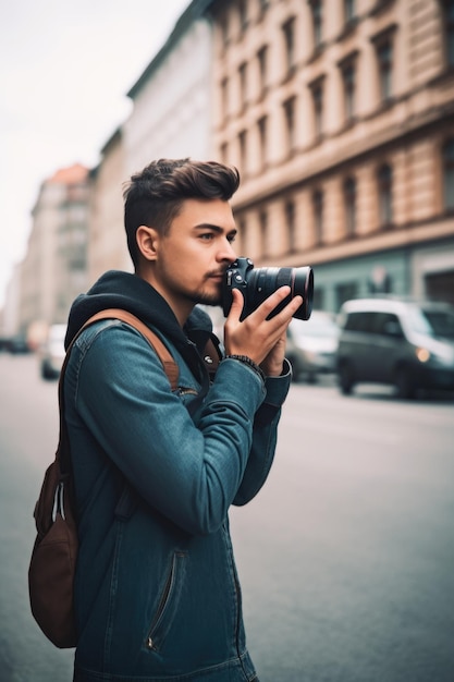 Zdjęcie młodego fotografa robiącego zdjęcia w mieście stworzone za pomocą generatywnej sztucznej inteligencji