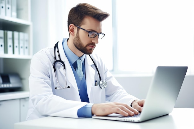 Zdjęcie młodego lekarza używającego laptopa w pracy