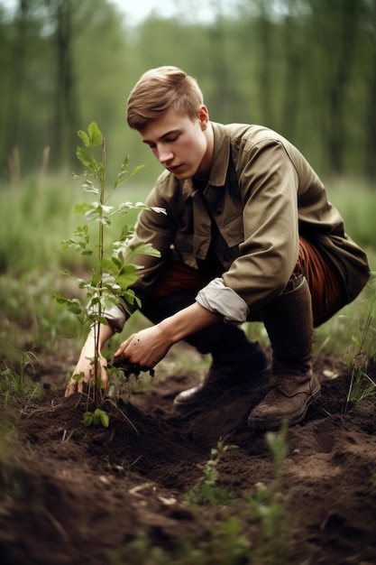 Zdjęcie młodego mężczyzny pracującego nad projektem środowiskowym stworzonym za pomocą sztucznej inteligencji generatywnej