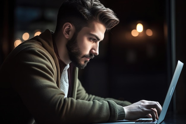 Zdjęcie młodego mężczyzny przeglądającego profile na swoim laptopie stworzone za pomocą sztucznej inteligencji generatywnej