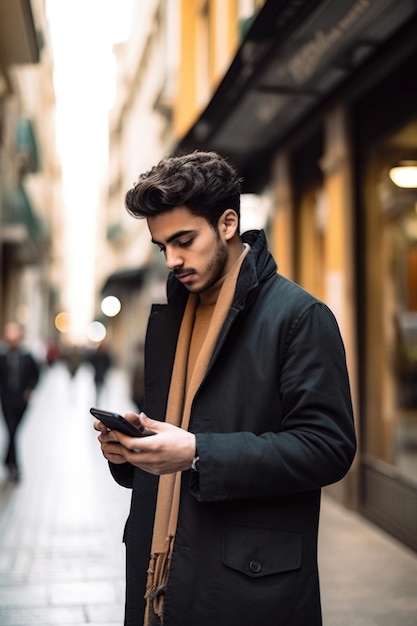 Zdjęcie młodego mężczyzny używającego telefonu komórkowego w centrum miasta stworzone za pomocą sztucznej inteligencji generatywnej