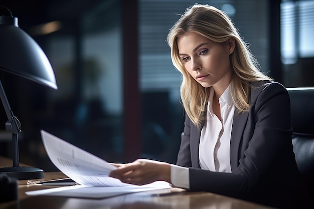 Zdjęcie młodej bizneswoman przeglądającej papiery w biurze stworzonym za pomocą generatywnej sztucznej inteligencji