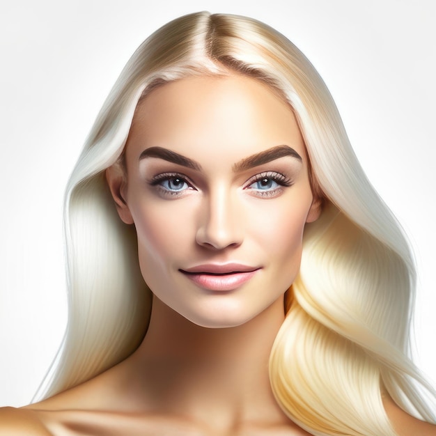 Zdjęcie zdjęcie młodej blondynki z włosami i skórą udoskonala generatywną sztuczną inteligencję