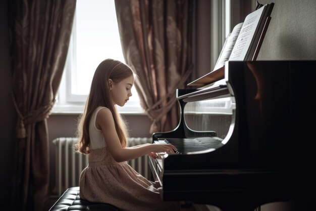 Zdjęcie młodej dziewczyny grającej na pianinie w domu stworzone za pomocą sztucznej inteligencji generatywnej