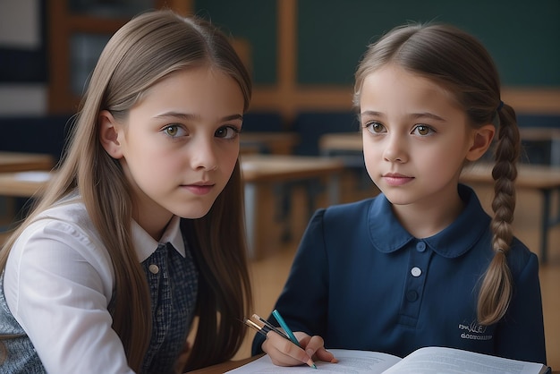 Zdjęcie młodej dziewczyny i jej nauczycielki w szkole stworzone za pomocą sztucznej inteligencji