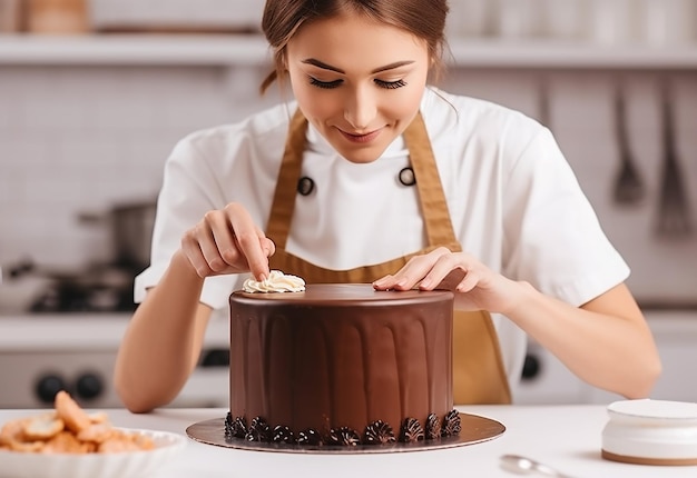 Zdjęcie zdjęcie młodej dziewczyny, szefowej kuchni dekorującej i lukrującej ciasto czekoladowe