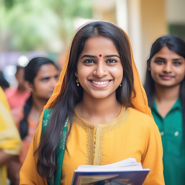 zdjęcie młodej Hinduski, dwudziestokilkuletniej studentki, trzymającej książkę przy piersi