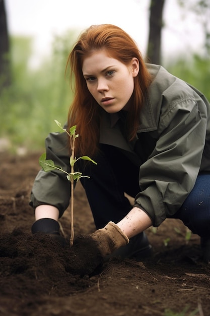 zdjęcie młodej kobiety pomagającej w reforestacji stworzonej za pomocą generatywnej AI