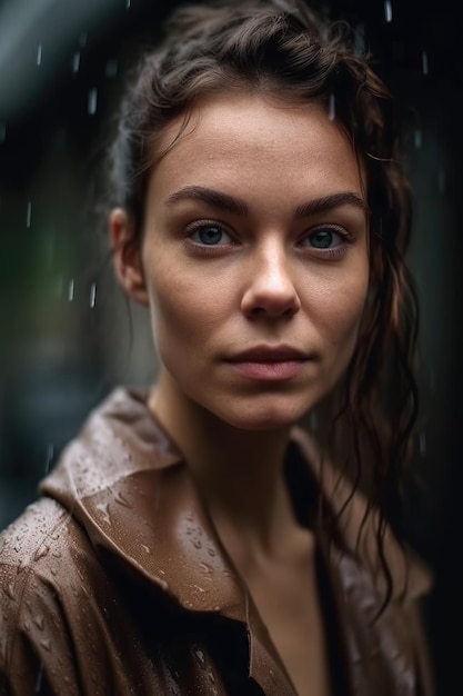 Zdjęcie młodej kobiety stojącej na zewnątrz w deszczu