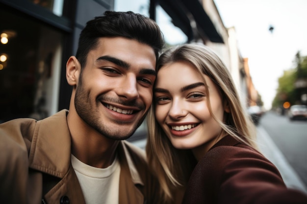 Zdjęcie młodej pary robiącej selfie podczas randki stworzone za pomocą generatywnej sztucznej inteligencji