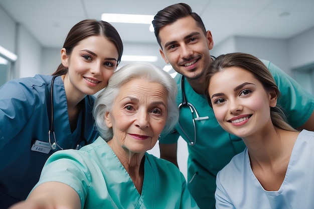 Zdjęcie młodej pielęgniarki szpitalnej robiącej selfie ze starszą pacjentką i jej rodziną stworzoną za pomocą sztucznej inteligencji