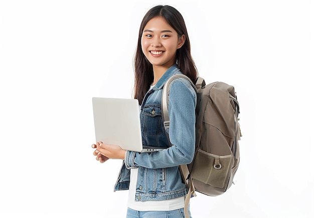Zdjęcie młodej studentki z plecakiem z laptopem w ręku