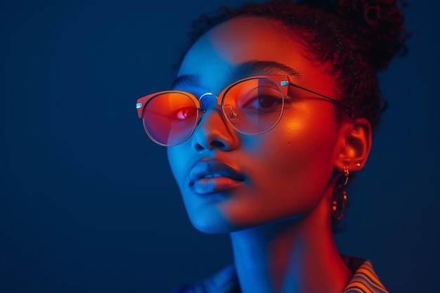 Zdjęcie modelu na minimalistycznym tle charyzmatyczna nowoczesna młoda afroamerykańska kobieta nosząca okulary Światło neonowe jest ciepłe i zimne