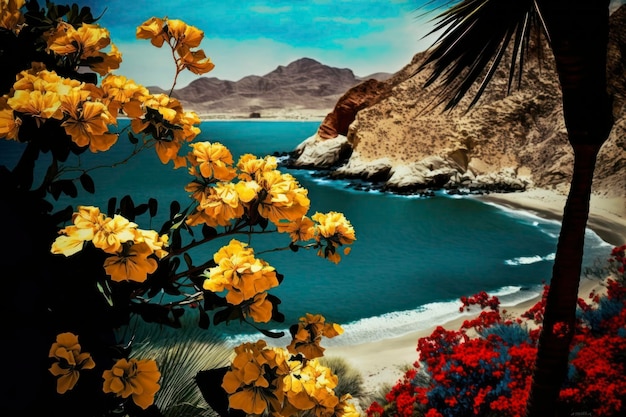 Zdjęcie zdjęcie morza i żółto-czerwonych kwiatów w stylu hipnotyzującego krajobrazu kolorystycznego