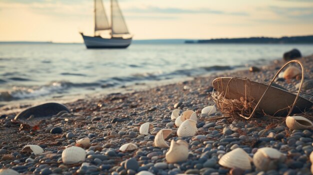 Zdjęcie zdjęcie muszli na skalistym wybrzeżu, odległe żaglowe łodzie w tle