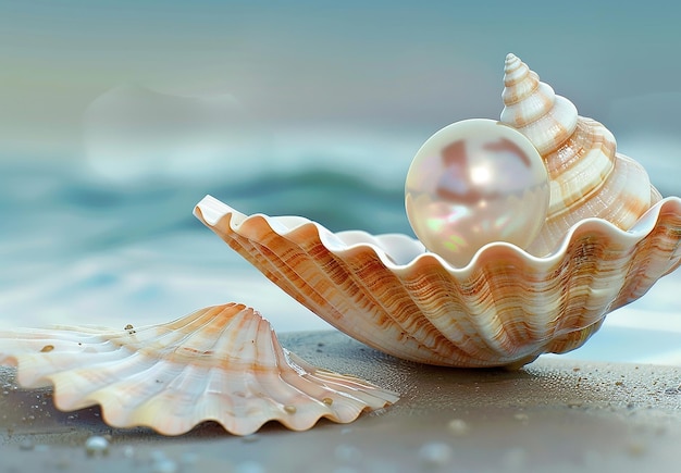 Zdjęcie zdjęcie muszli z perłą na plaży i słońce w tle