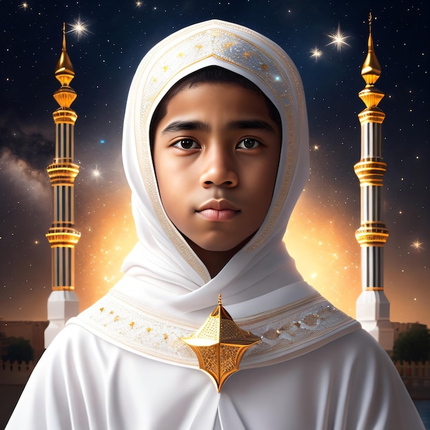 Zdjęcie muzułmańskiego chłopca w białym ubraniu i czapce modlitewnej przed meczetem w Eid Ul Fitr