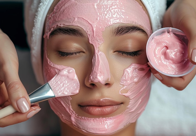Zdjęcie nałożenia różowej maski na twarz, leczenia twarzy, leczenia piękna