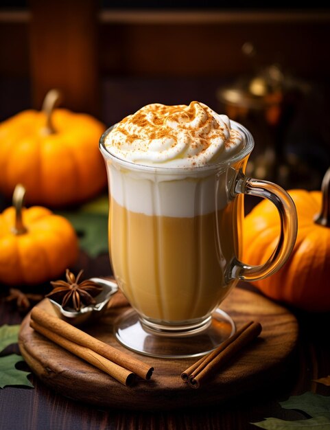 Zdjęcie napoju Pumpkin White Hot Chocolate elegancko umieszczonego na stole