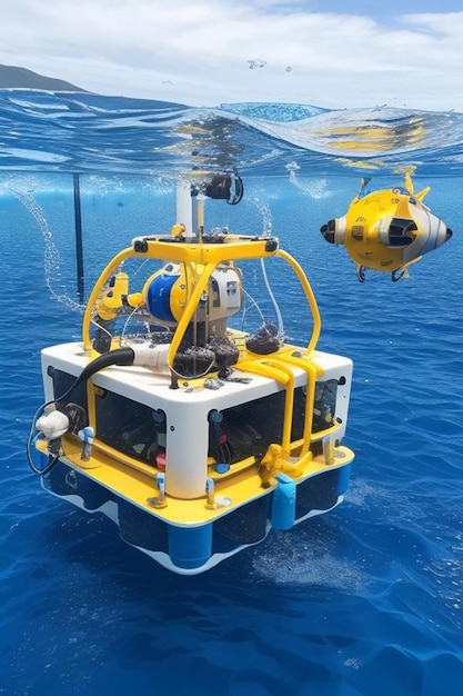Zdjęcie niebiesko-białego, zdalnie sterowanego podwodnego pojazdu ROV, który korzysta z IoT