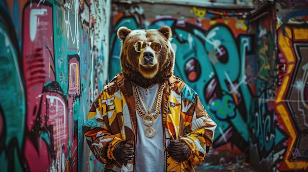 Zdjęcie niedźwiedzia grizzly jako hip-hopa na graffiti na tle ulicy