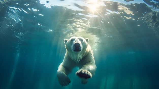 zdjęcie niedźwiedzia polarnego pływającego pod wodą w Oceanie Arktycznym