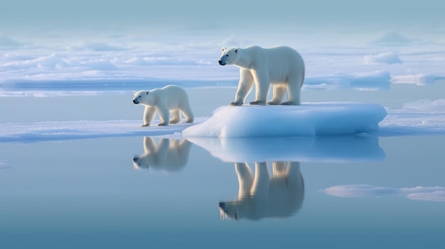 zdjęcie niedźwiedzia polarnego z młodym na krze teleobiektywem realistyczne światło poranka