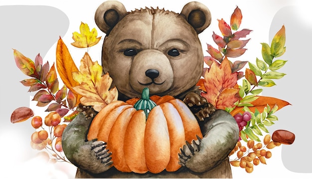Zdjęcie niedźwiedzia trzymającego dynię z jesiennymi roślinami i liśćmi pomalowanymi akwarelą na białym jest