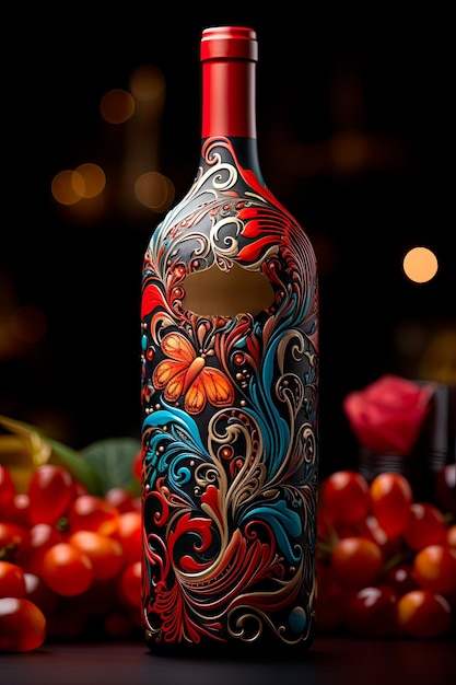 Zdjęcie niestandardowej butelki czerwonego wina ozdobionej misterną grafiką etykiety