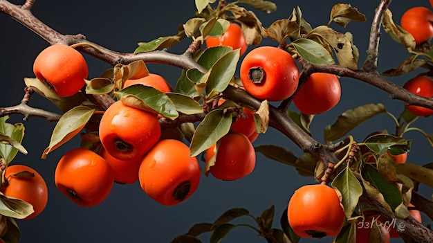 Zdjęcie niezwykle szczegółowego ujęcia gałęzi drzewa persymony z dojrzałymi persimmonami