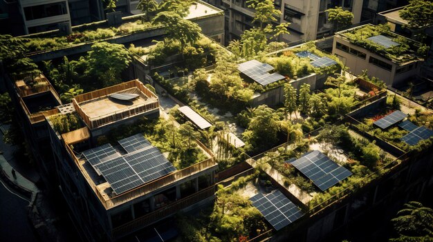 Zdjęcie niezwykle szczegółowego zdjęcia miejskiego ogrodu lub terenów zielonych na dachu