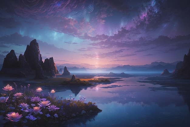 Zdjęcie nocnego lasu z pełnią księżyca na niebie z świecącym fioletowym jeziorem i drzewami wokół