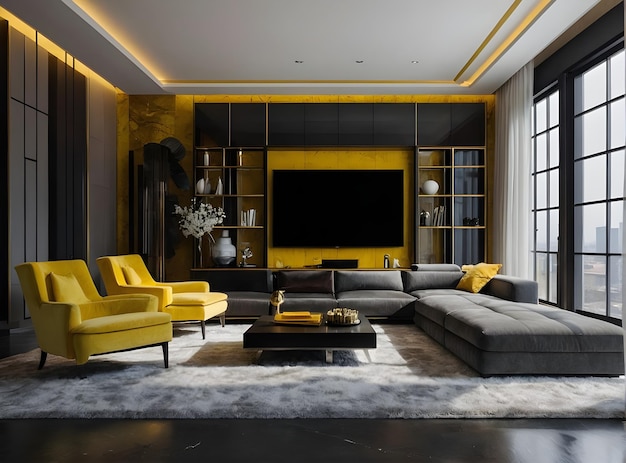 Zdjęcie nowoczesne luksusowe bogate kolory i żółty nowoczesny projekt wnętrza salonu 3d rendering