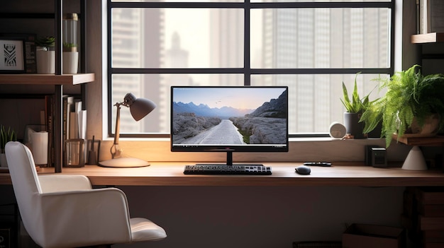 Zdjęcie nowoczesnego biura domowego z biurkiem i komputerem