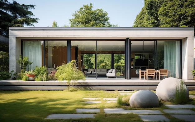 zdjęcie nowoczesnego domu betonowego, który ma otwarte okna w stylu uhd obraz japoński min