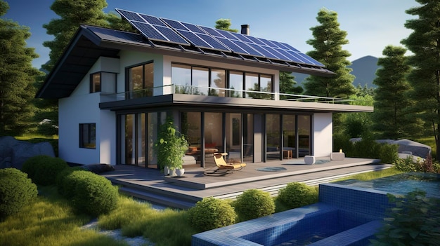 Zdjęcie nowoczesnego domu z panelami słonecznymi
