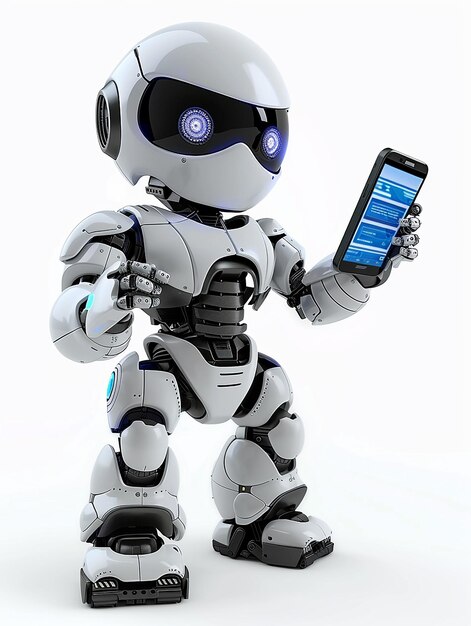 Zdjęcie zdjęcie nowoczesnego futurystycznego robota trzymającego się za pomocą smartfona komórkowego