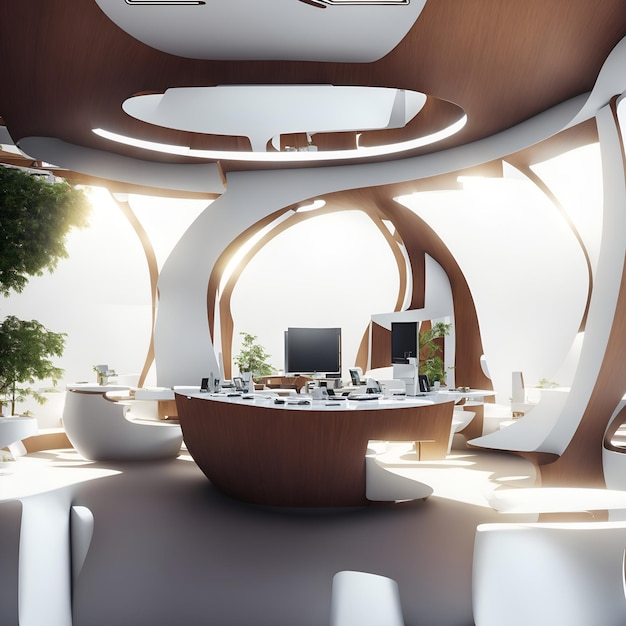 Zdjęcie nowoczesnego i eleganckiego biura z okrągłym biurkiem i krzesłami w futurystycznym otoczeniu