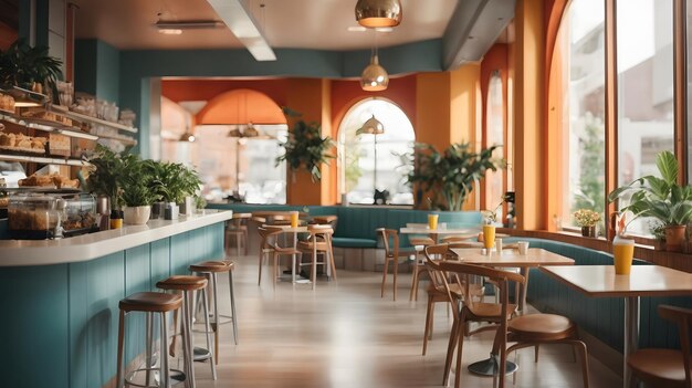 Zdjęcie nowoczesnego i kolorowego wnętrza kawiarni